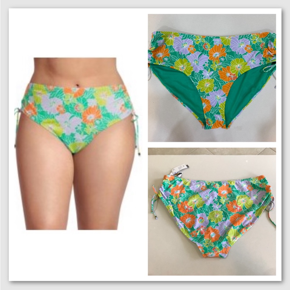 Time and Tru Women's Floral Green Purple Orange Bikini Bottom with Side Ties 2X